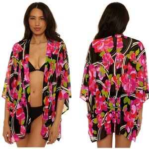 NEW TRINA TURK SWIM Kimono Swim Cover-Up Bougainvillea Pink/Black Size Small
